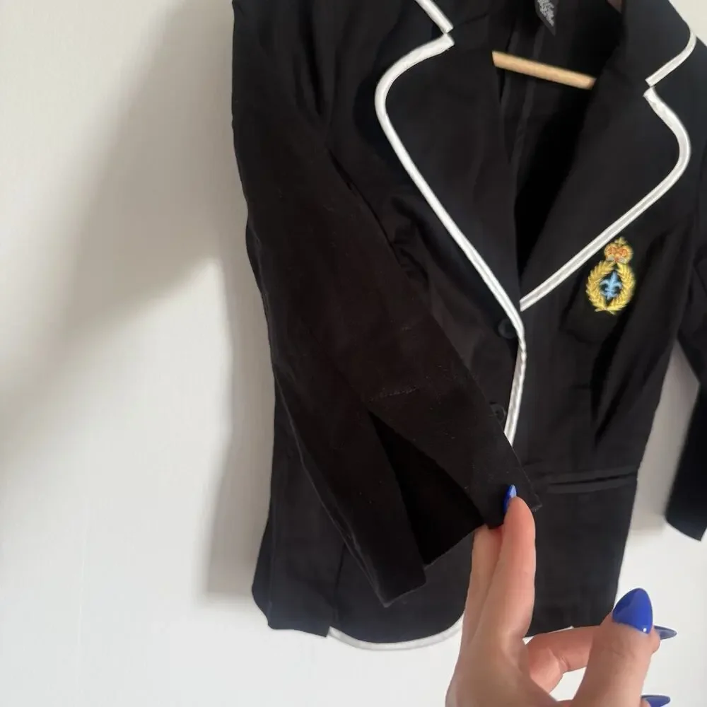 Rampage Y2K Crest Blazer Black White Piping Preppy Academia Fitted Jacket Small - Picture 5 of 6